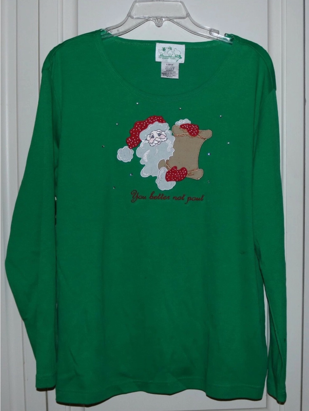 Women's Quacker Factory Green Christmas " You Better Not Pout " Long Sleeve - L